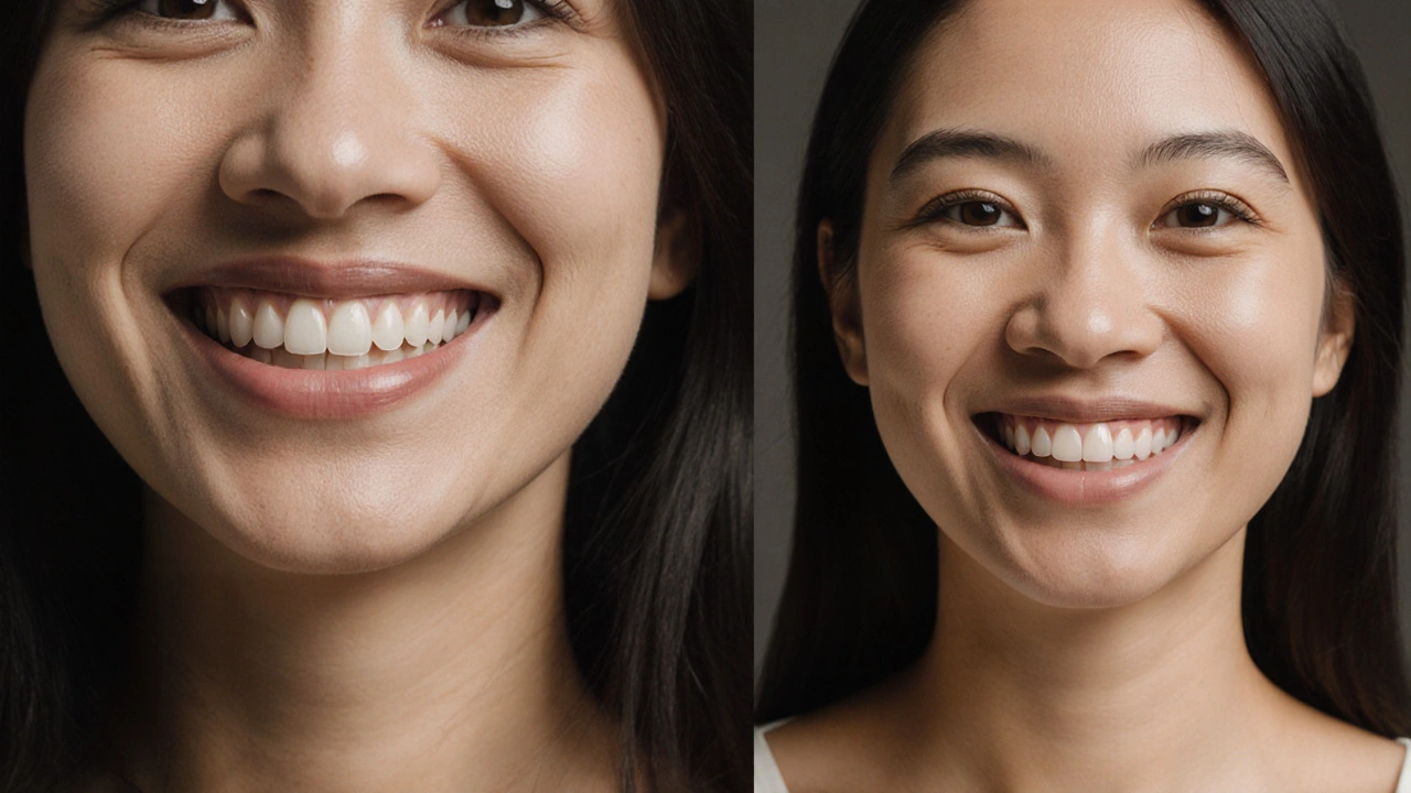 Before-and-after smile transformation: natural teeth vs. enhanced veneers matching the wearer's facial tone.