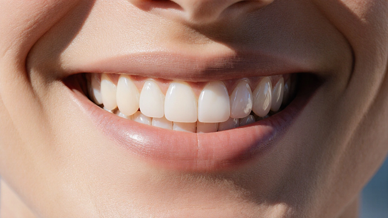 Close-up of a natural-looking smile with individually crafted veneers showing varied translucency and texture.