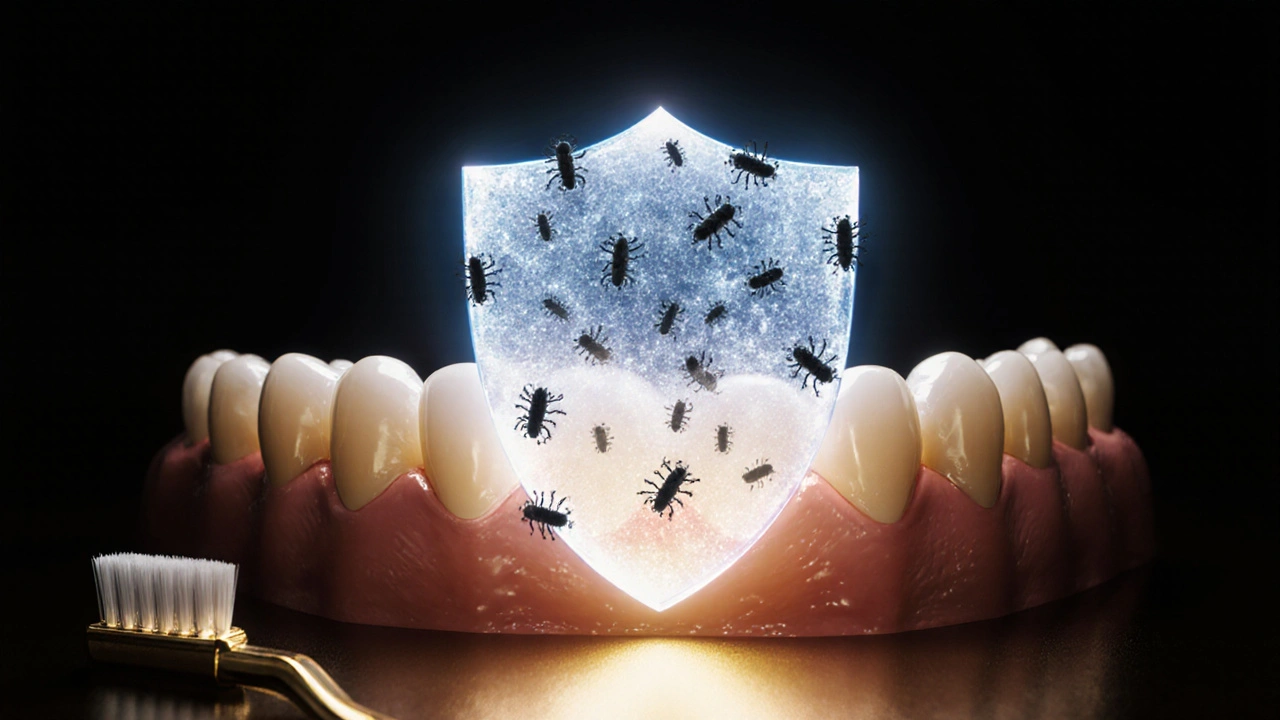 Křehký štít z fluoridových iontů chrání zuby před bakteriemi v temném prostředí.