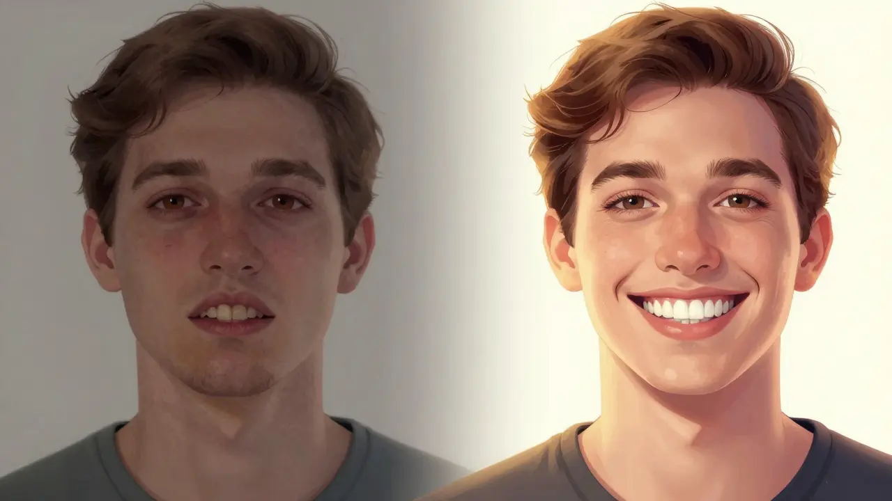 Before and after transformation of a smile with veneers, showing increased confidence.