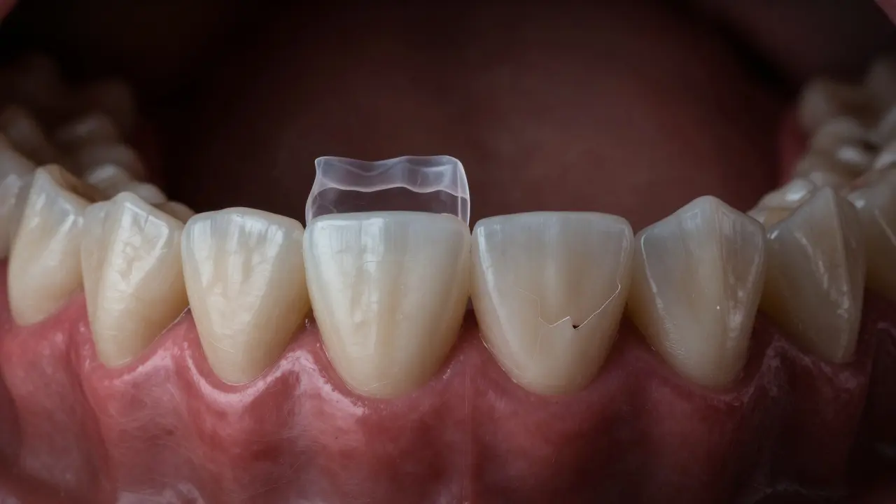 Cross-section of a tooth with veneer and underlying decay, illustrating importance of proper care.
