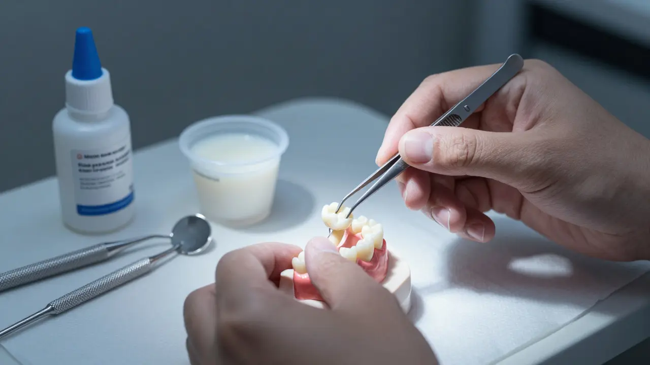 Dentalní technik přilepuje tenkou keramickou fazetu na model zubu s mlékem vedle.