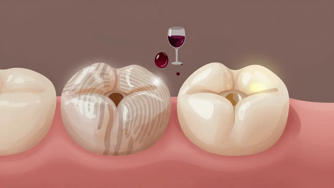 Composite filling developing smudges from food and oils, compared to a pristine one.