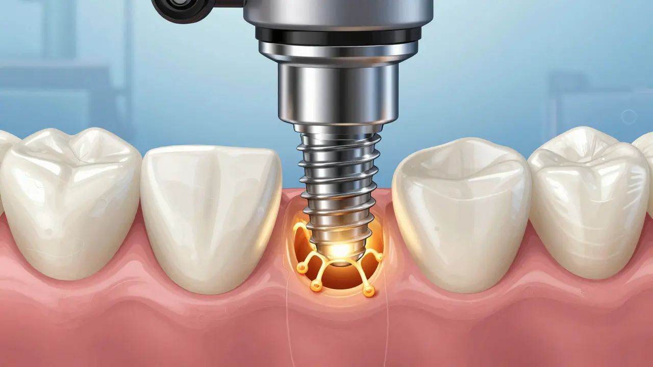 Detailní ilustrace titanového implantátu, jak se s kostí spojuje, s růstem kostních buněk v teplých odstínech.