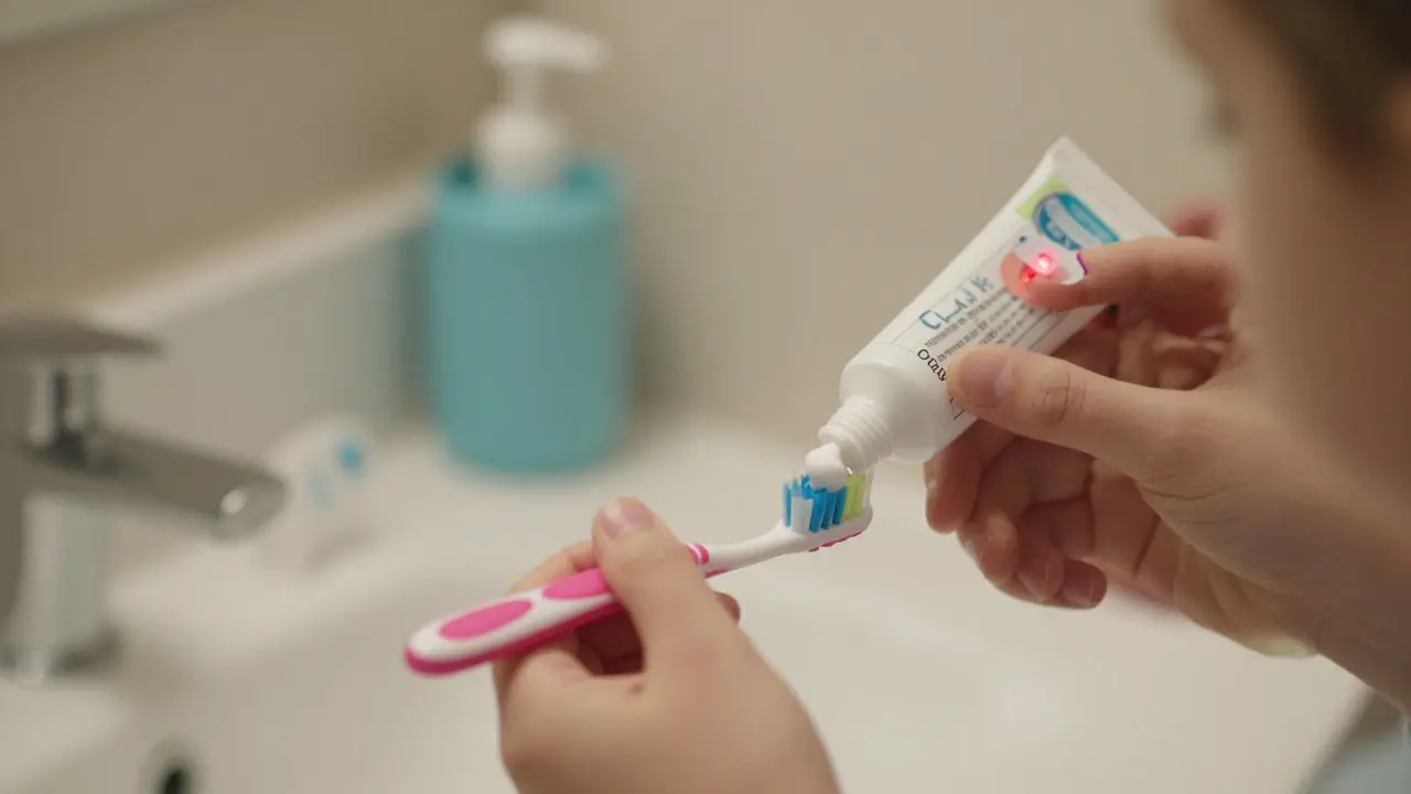 Dítě čistí zuby pod dohledem dospělého, s malým kartáčkem a fluoridovou pastou, plak-indikátor na zubech.