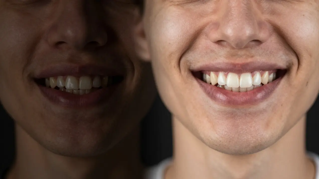 Dvě strany jednoho obrazu: jedna ukazuje špatnou hygienu a kouření, druhá zdravou přípravu na implantaci s hustou kostí.