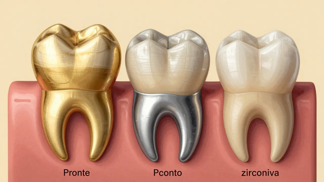 Side-by-side comparison of gold, porcelain-on-metal, and zirconia dental crowns on a jaw model.