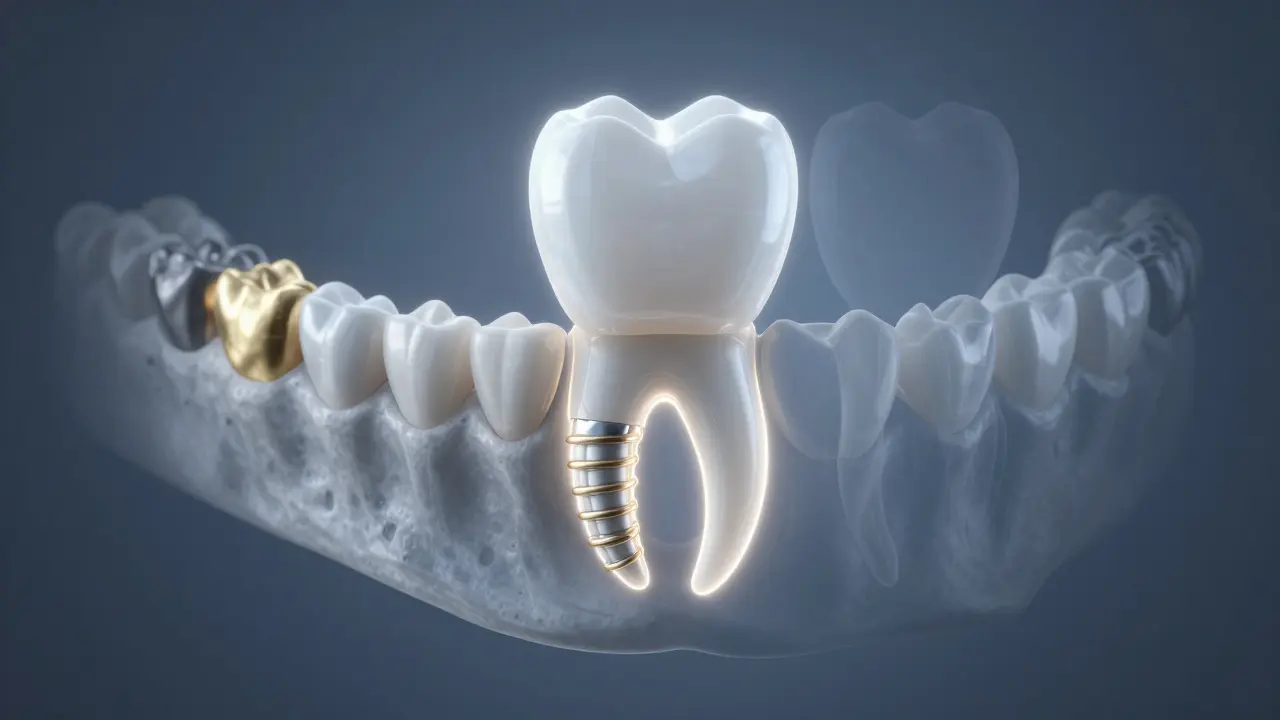 Zirconia crown integrated into a glowing dental implant with fading alternatives in background.