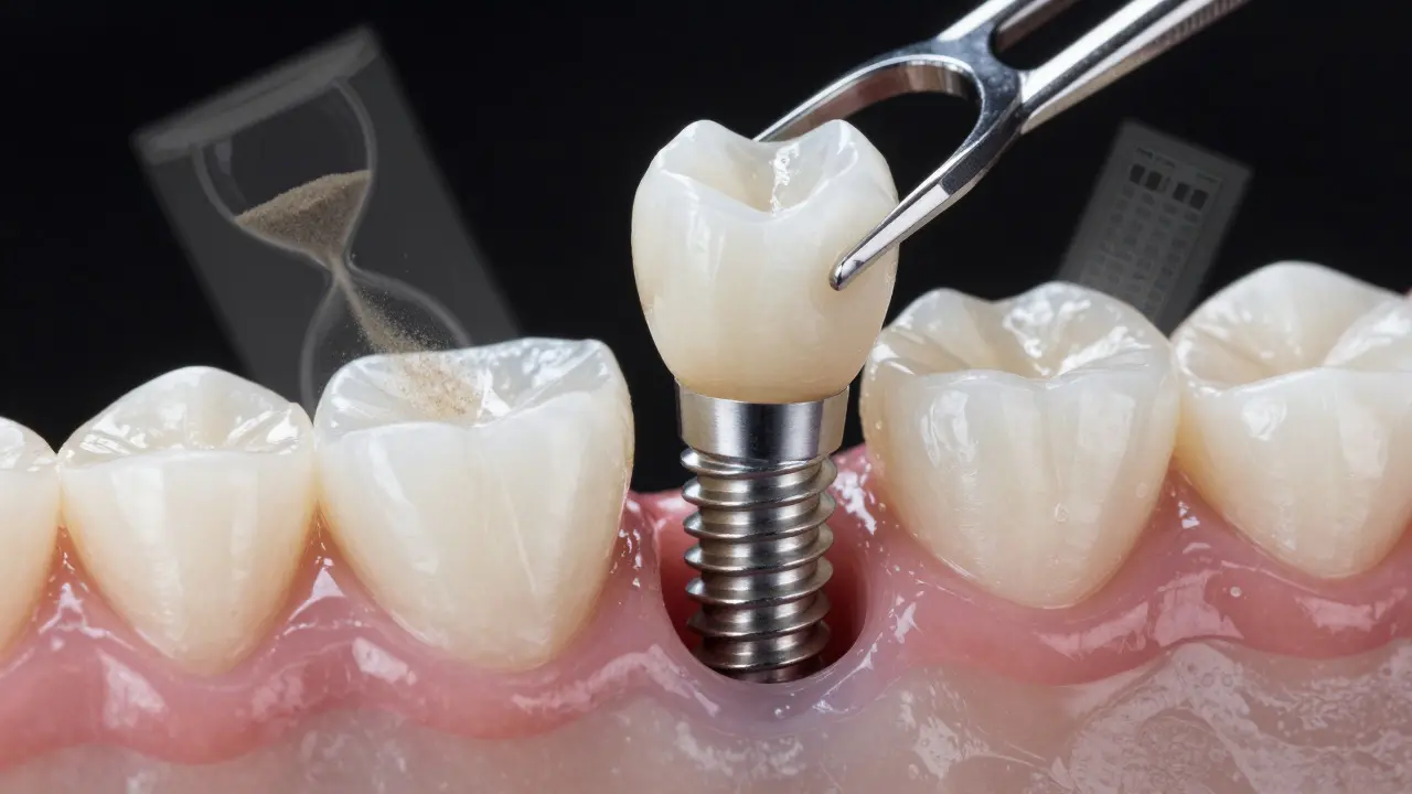 Detailní záběr na titanový zubní implantát s dočasnou korunou v kosti