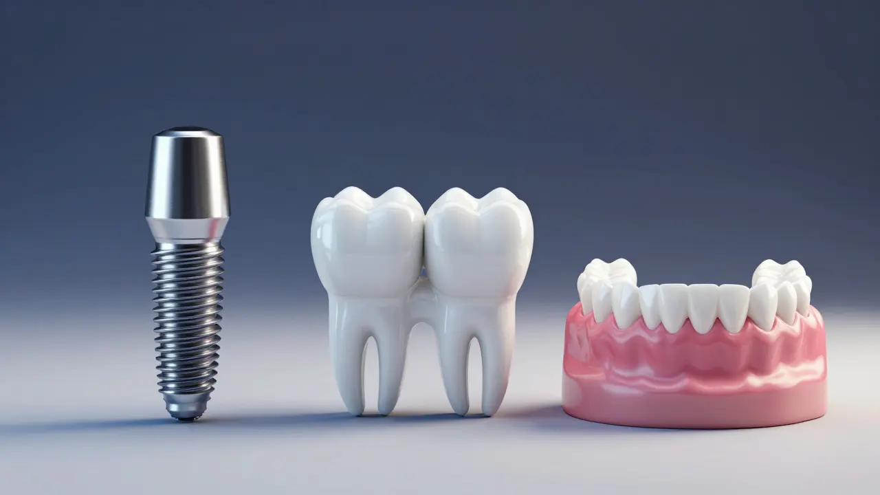 Porovnání tří metod náhrady zubu: implantát, můstek a protéza