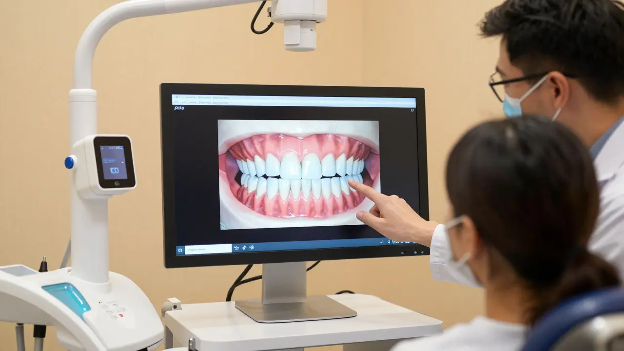 Stomatolog ukazuje pacientovi digitální simulaci nového úsměvu na displeji.