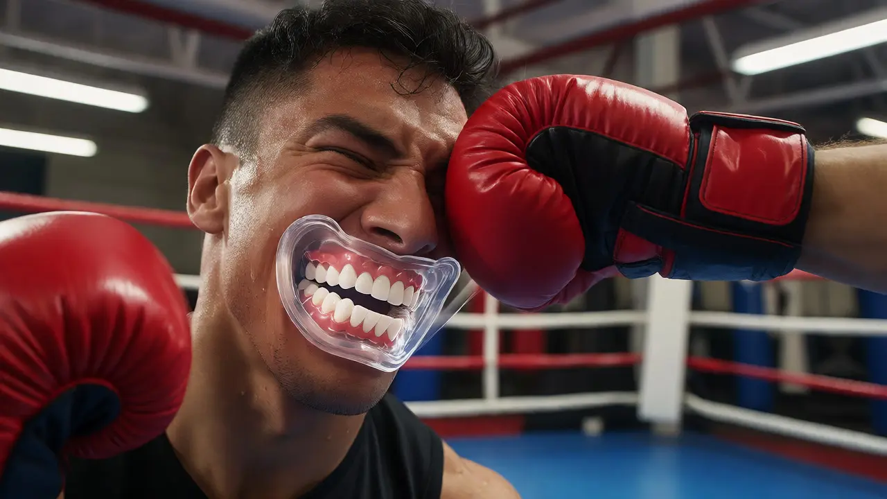 Boxer v ochranném chrániči přijímá úder do obličeje, distribuce nárazu