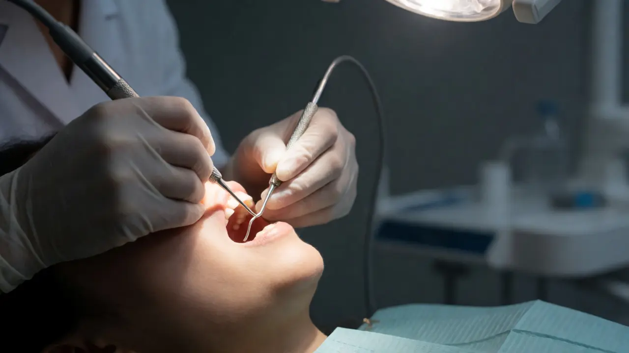 Dentista odstraňuje poddásňový kámen kyretou