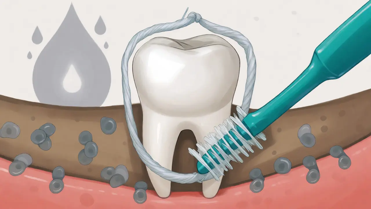 Ilustrace ochrany zubu dentální nití a mezizubním kartáčkem před kazem