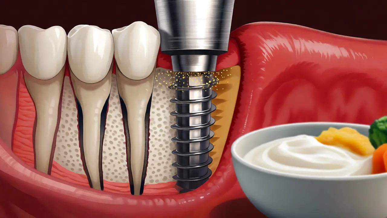 Ilustrace srostlého titanového implantátu s kostí a kašovité stravy
