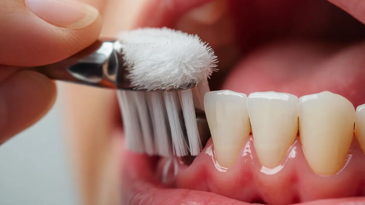 Jemné čištění zubů měkkým kartáčkem v okolí hojícího se implantátu