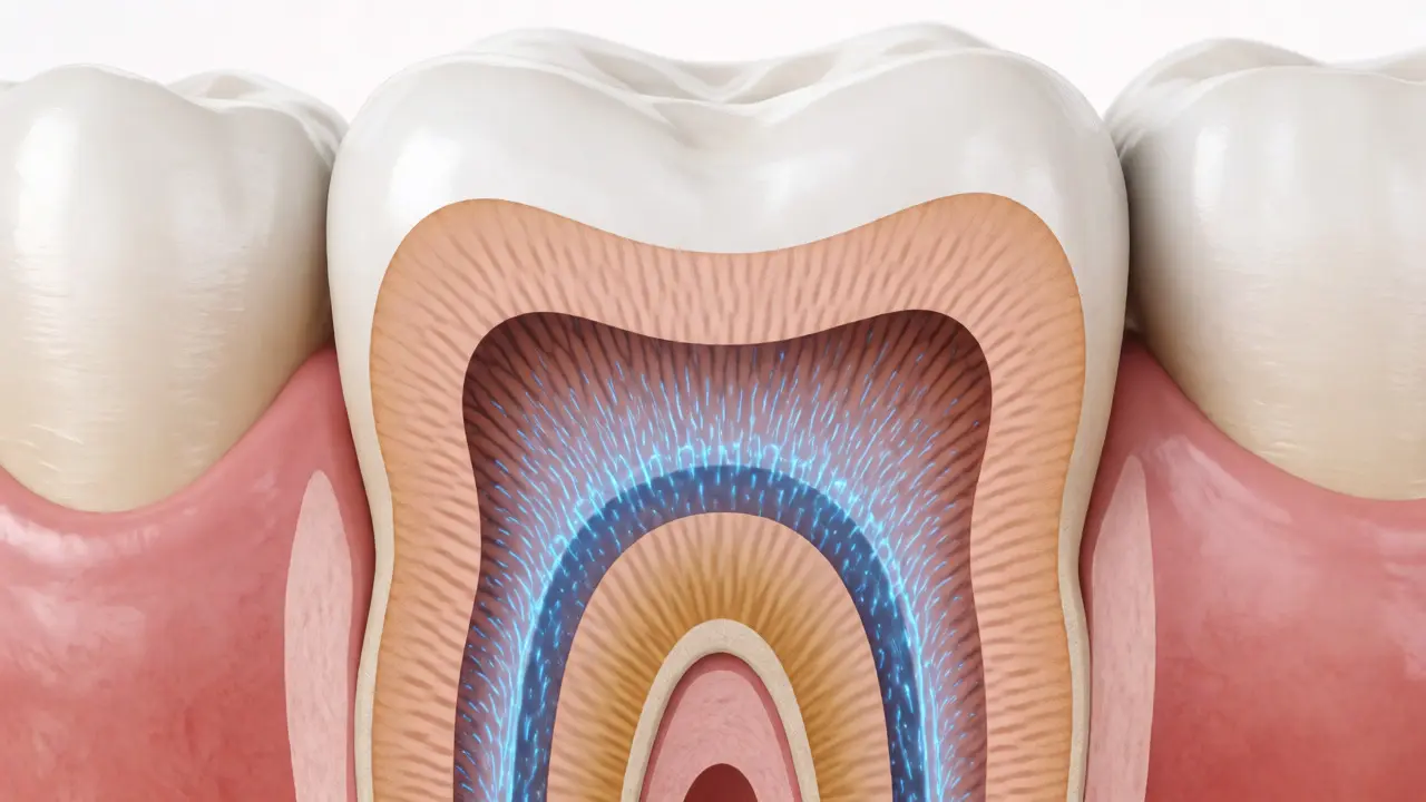 Makro pohled na odhalený dentin a tubuly v zubu