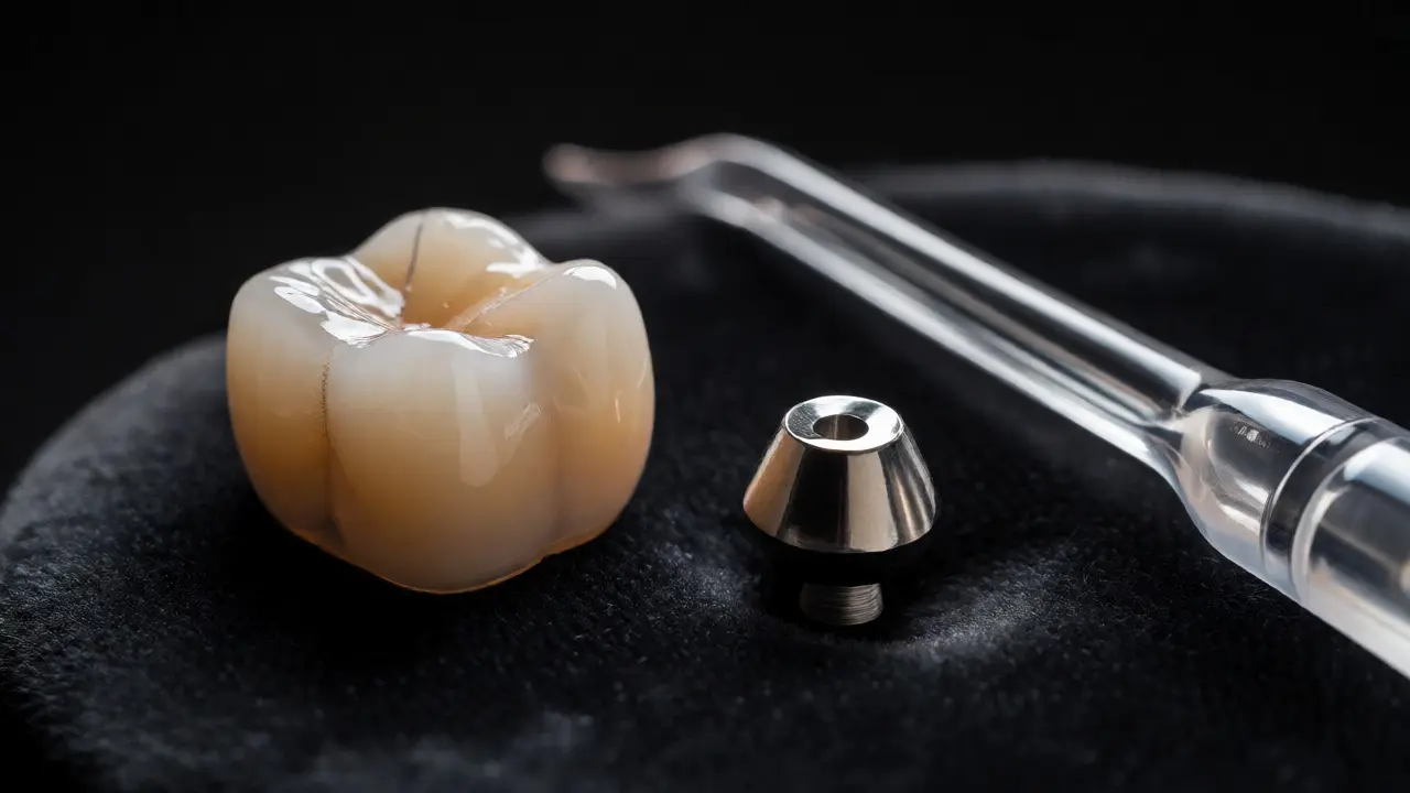 Makro snímek zirkonové korunky a titanového implantátu vedle irigátoru.