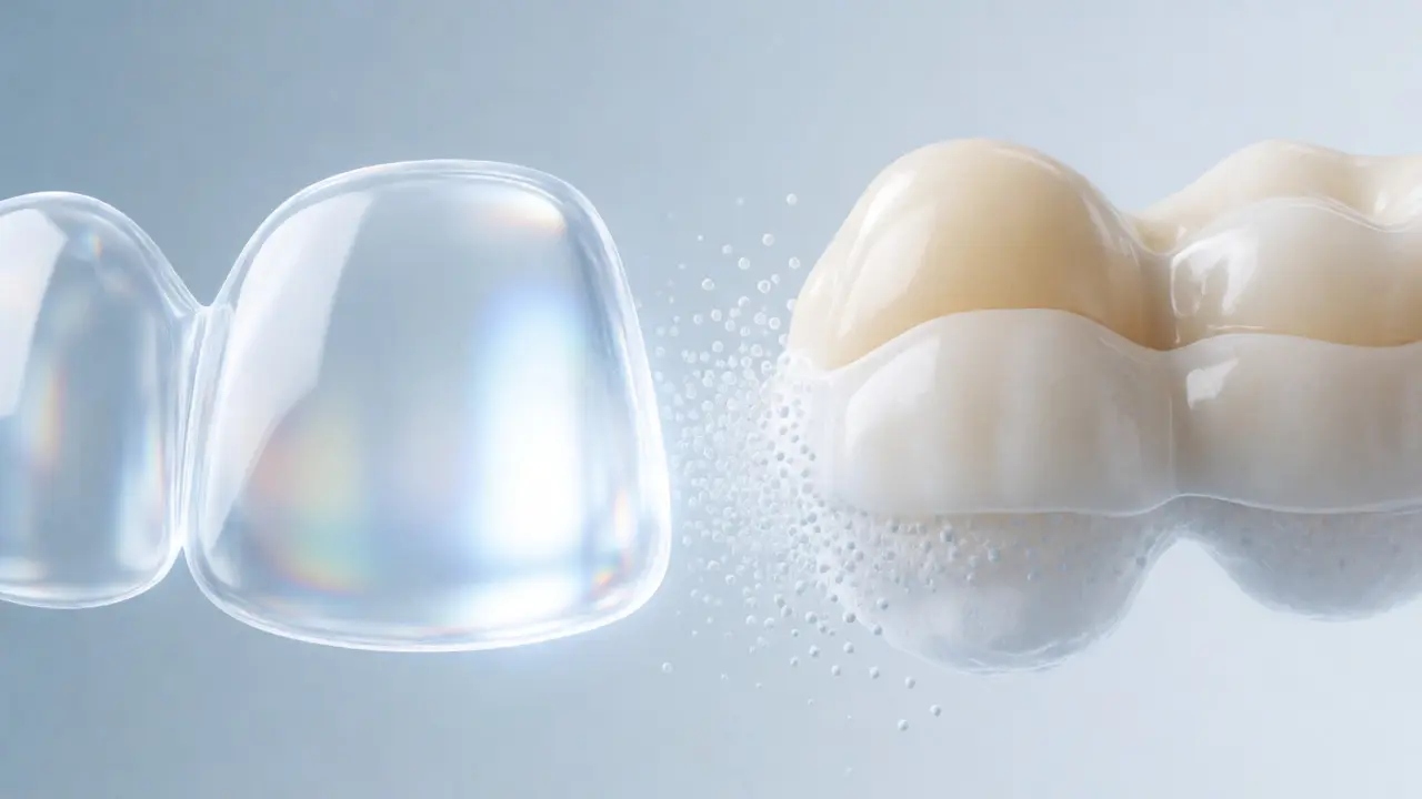 Porovnání průsvitné keramiky E-max a kompozitního materiálu pro nálepky.