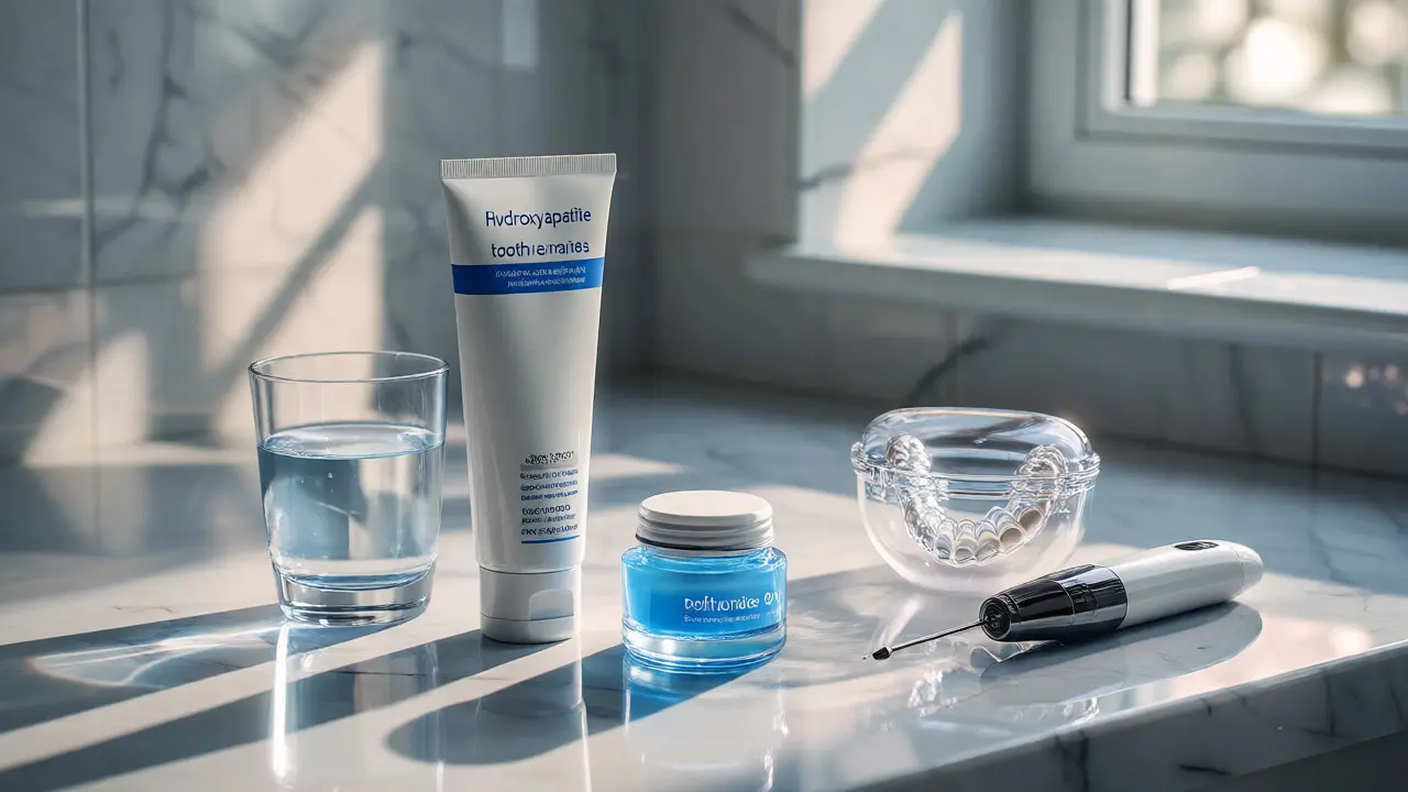 Sada produktů pro remineralizaci zubů včetně retaineru a fluoridového gelu