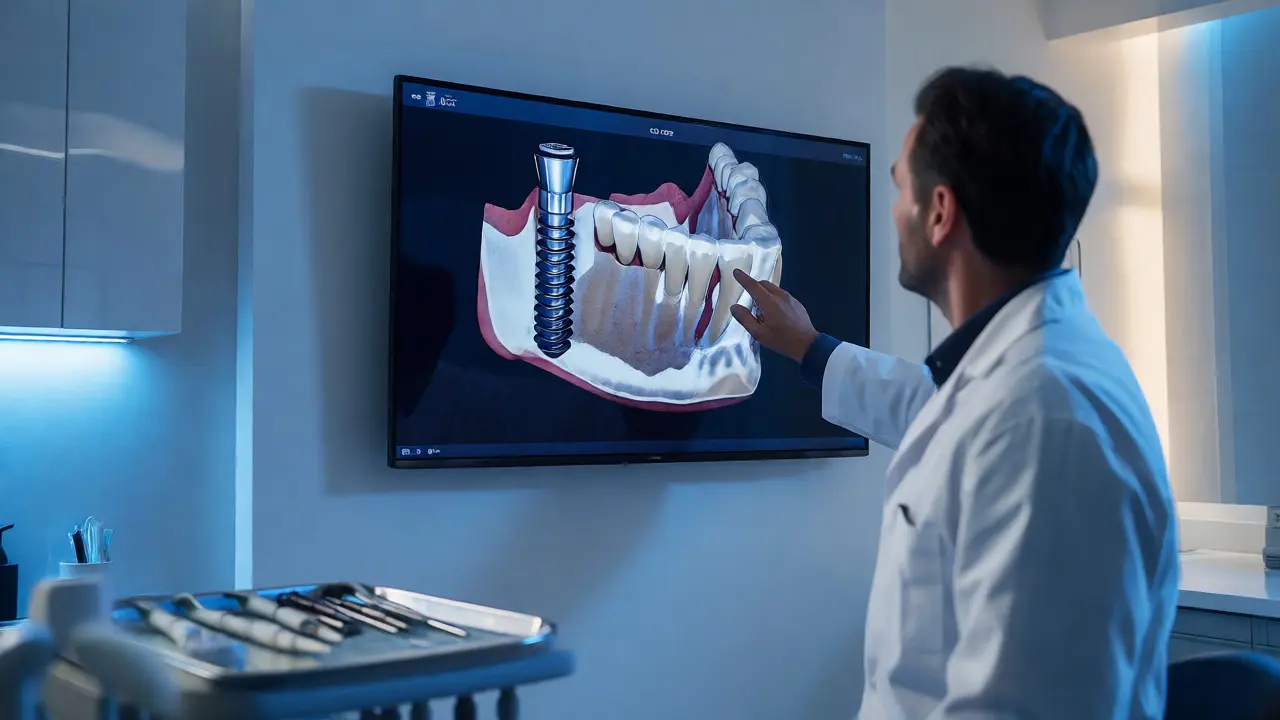Zubař ukazuje na 3D CBCT sken čelisti s implantátem v moderní ordinaci.