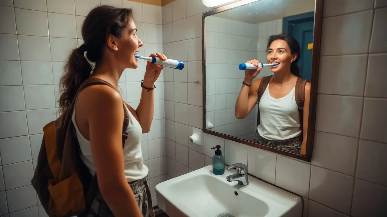 Cestovatelka si čistí zuby sonickým kartáčkem v hostelu