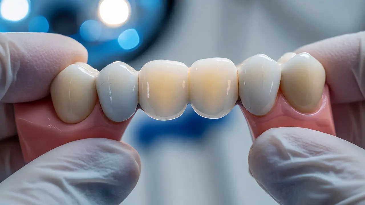 Detailní pohled na keramický zubní můstek v klinickém prostředí