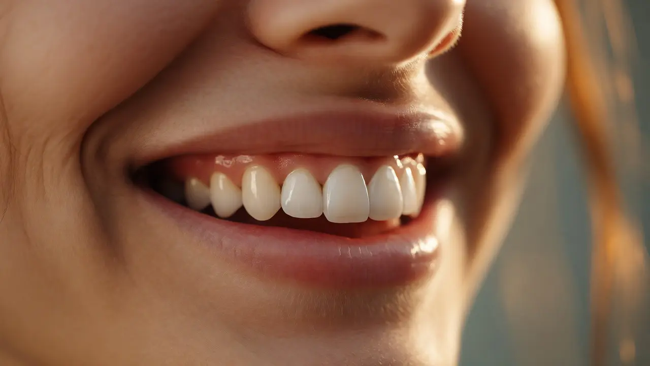 Detailní záběr na přirozený úsměv s novým zubním implantátem