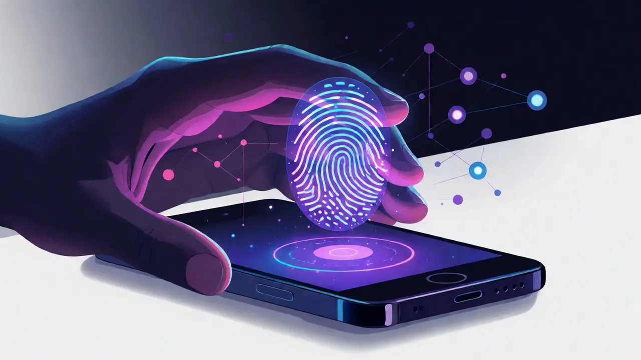 Digitální ilustrace biometrické identifikace pomocí svítícího otisku nad senzorem telefonu.