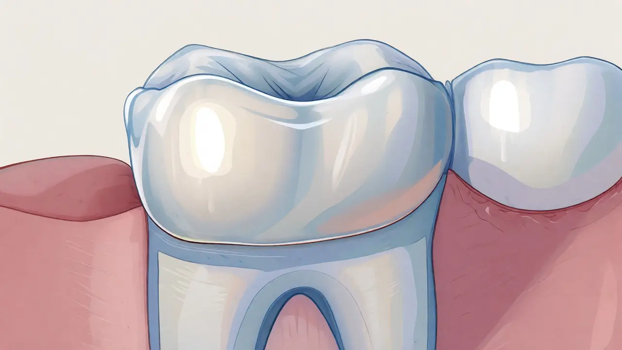 Ilustrace řezu zubem s nalepenou keramickou facetou.