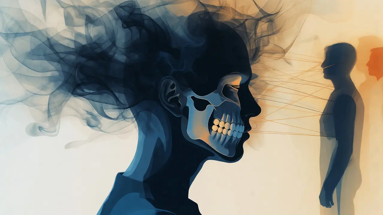 Konceptuální ilustrace profilu obličeje s abstraktními mraky úzkosti.
