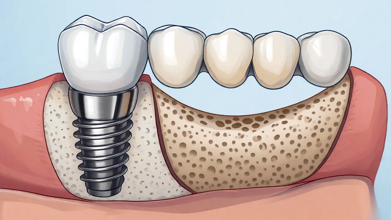 Lékařská ilustrace srovnávající pevný titanový implantát v kosti s uvolněnou protézou