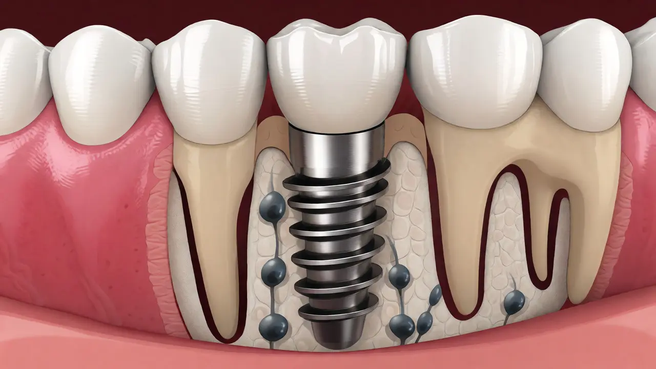 Řez čelistí s zavedeným titanovým implantátem integrovaným do kosti