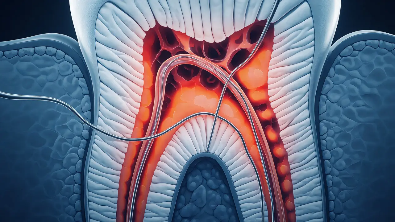 Řez zubem znázorňující kořenové kanálky a nástroje pro endodoncii.