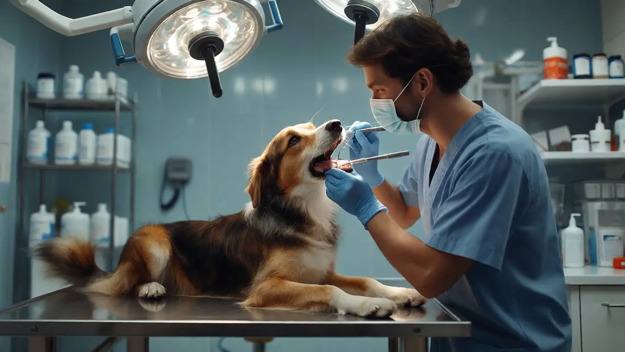 Veterinář provádí ošetření zubů psa v ordinaci